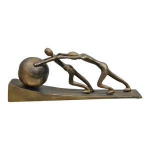 Modern Abstract Brutalist Cast Metal Sculpture Figures Pushing Boulder Up Hill