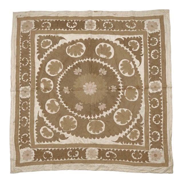 Handmade Neutral Tan Suzani Wall Tapestry For Sale