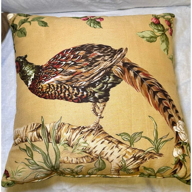 2020s Pair of Custom Linen Throw Pillows – Salamandre Pheasant & Botanical Leaf, Down Alternative Inserts For Sale - Image 5 of 10
