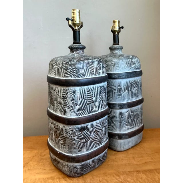 Mid-Century Modern Vintage Geometric Ceramic Table Lamps - Pair For Sale - Image 3 of 12
