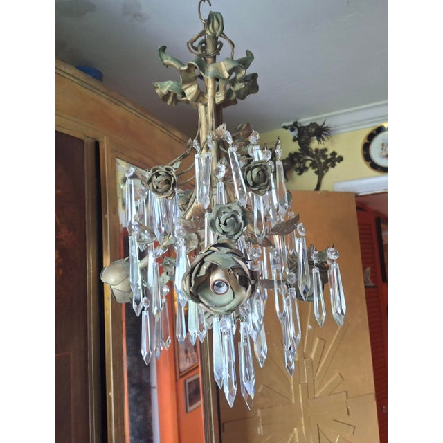 1940s Hollywood Regency Gilt & Verdigris Bronze/ Tole/ Crystal Pendant Chandelier For Sale - Image 11 of 12