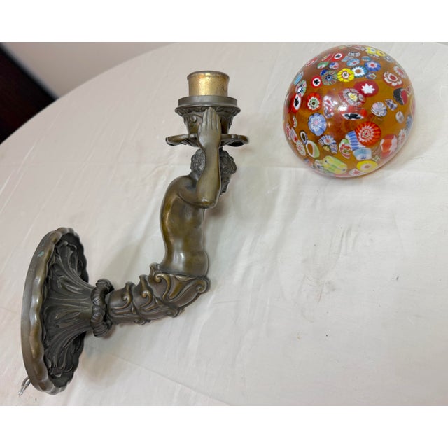 Antique Figural Patinated Bronze Man Wall Sconce Fixture Millefiori Glass Shade For Sale - Image 17 of 17