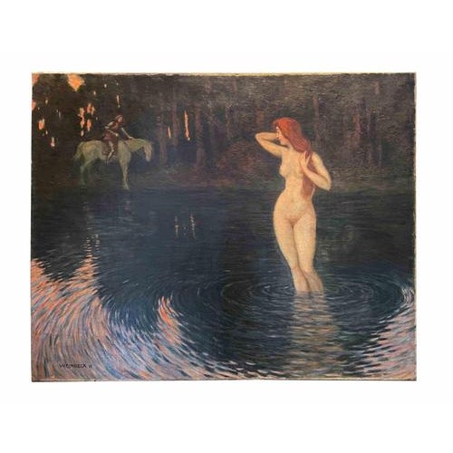 Oil on Canvas realized by Walter Einbeck in 1915. It depicts a nymph bathing in a rippling lake, with a knight watching...