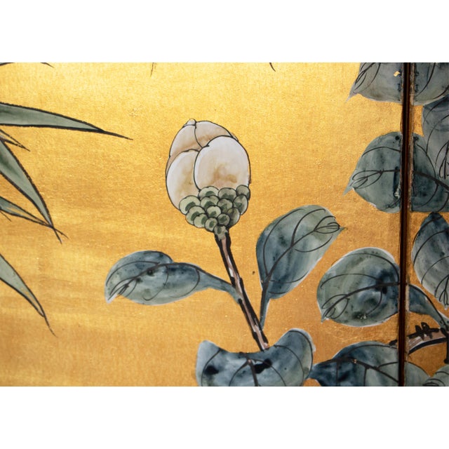 1970s "Chrysanthemums and Sparrows", Antique Style Chinoiserie Painted Screen For Sale - Image 10 of 18