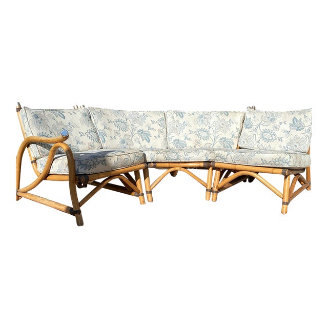 Vintage Outdoor Paul Frank Style Bamboo Ratan Sectional For Sale