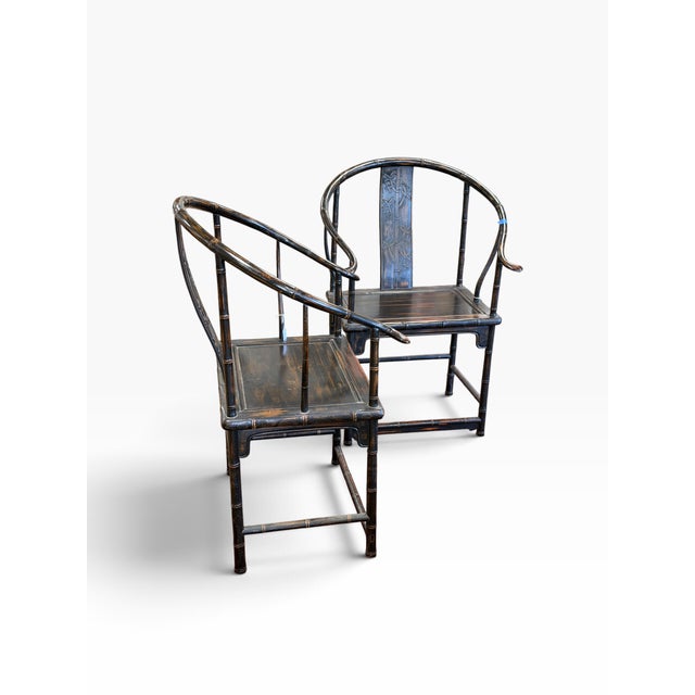 Pair of Antique Chinese Ming Style Horseshoe Chinoiserie Arm Chairs For Sale In Los Angeles - Image 6 of 7