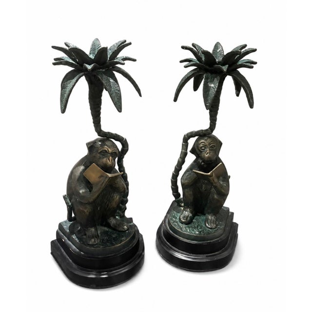 Pair of Vintage Cast Metal "Reading Monkey" Palm Tree Candlesticks For Sale - Image 4 of 12
