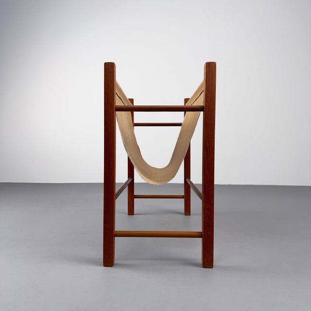 Mid-Century Modern Minimalist Geometric Teak Magazine Rack with Linen Loop, Denmark, 1960s For Sale - Image 3 of 7