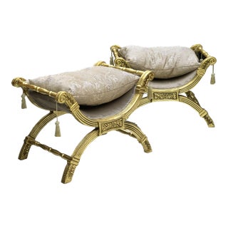 Baroque Style Light Brown Bench Gold Leaf Details For Sale