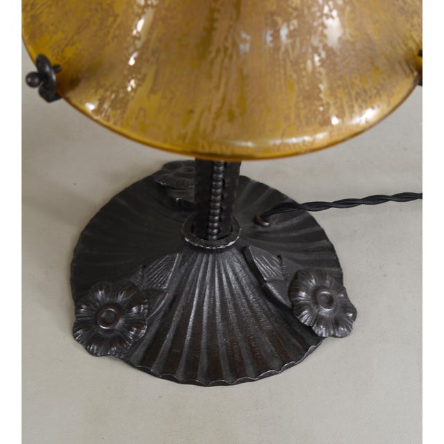 Amber Louis Katona & Daum French Art Deco Table Lamps - 1920s Acid Etched Cone Shades & Wrought Iron - A Pair For Sale - Image 8 of 12