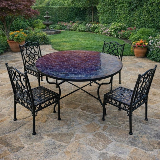 Moroccan 48" Moroccan Round Mosaic Table in Blue Petrol / Squares For Sale - Image 3 of 7