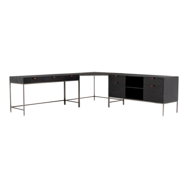 Four Hands Trey Desk System With Filing Credenza, Black Wash Poplar For Sale