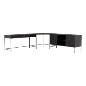 Four Hands Trey Desk System With Filing Credenza, Black Wash Poplar