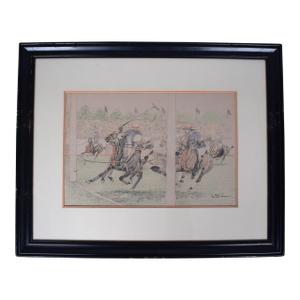 International Polo Goal! At Meadow Brook 1927 Conte Crayon Drawing by Paul Brown, Framed