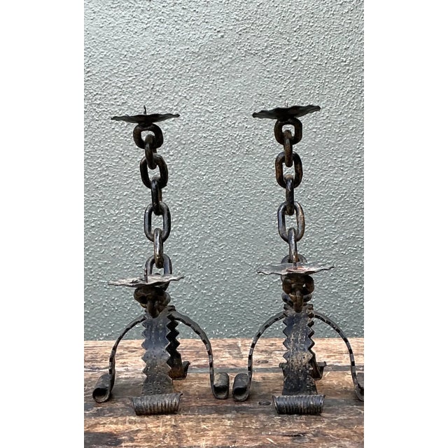 Vintage Wrought Iron Chain Candle Holders For Sale - Image 11 of 12