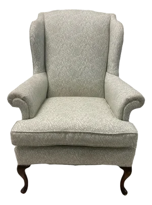 Late 20th Century Queen Anne Wingback Chair In Sage and White Upholstery