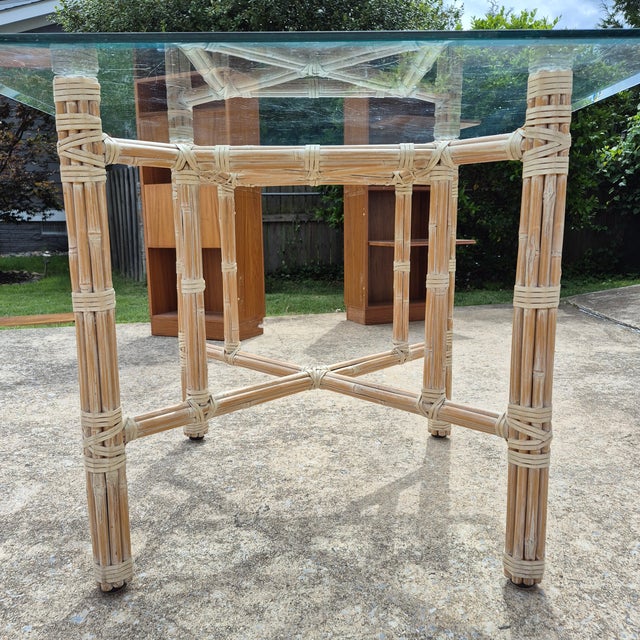 1970s McGuire Attributed Organic Modern Square Glass Top Rattan Rawhide Base Dining Table For Sale - Image 10 of 13