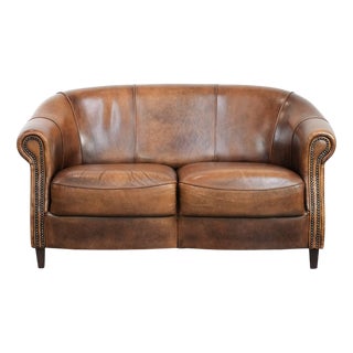 Vintage 2-Seater Club Sofa in Sheepskin with Decorative Nails For Sale