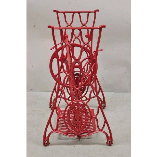 Antique Singer Cast Iron Red Treadle Sewing Machine Table Base For Sale - Image 4 of 12