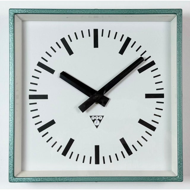 Metal Industrial Square Green Wall Clock from Pragotron, 1980s For Sale - Image 7 of 17