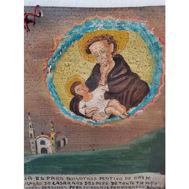 Brown Vintage Mexican Religious Hand Painted Oil on Tin Panel Retablo Folk Art For Sale - Image 8 of 11