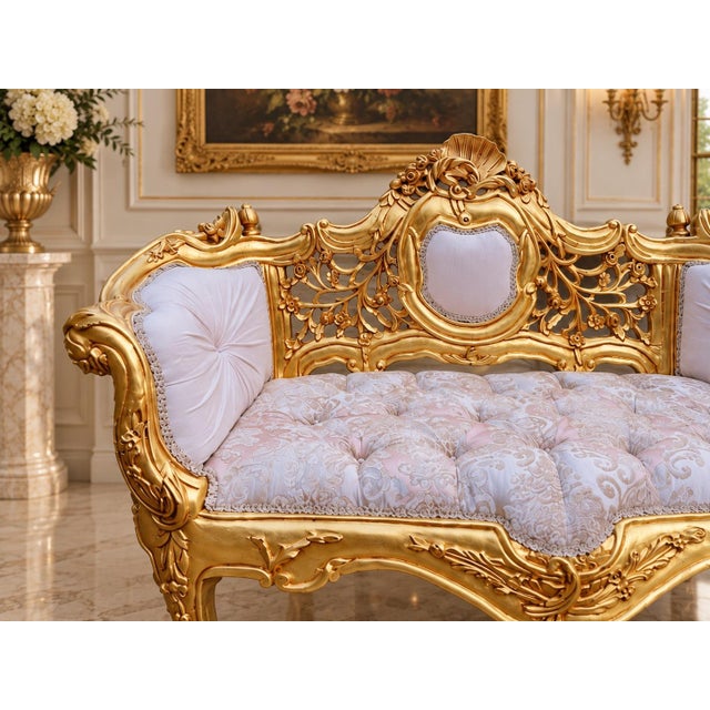 Late20C French Louis XVI Gold Pink Damask Settee For Sale - Image 9 of 11