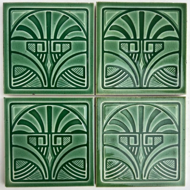 Handmade tiles in a beautiful green glazed color. Manufactured around 1920 by Nord Deutsche Steingutfabrik, Germany. These...