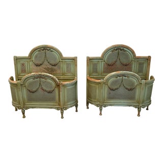 Pair of Green Antique Caned Twin Beds For Sale