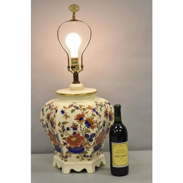 Vintage Oriental Porcelain Hexagonal Flower Decorated Crackle Glazed Ginger Jar Table Lamp. Circa Late 20th Century....
