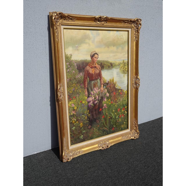 Antique French Gold Oil Painting Picture Women in Field of Flowers Ridgeway Knight For Sale - Image 4 of 12