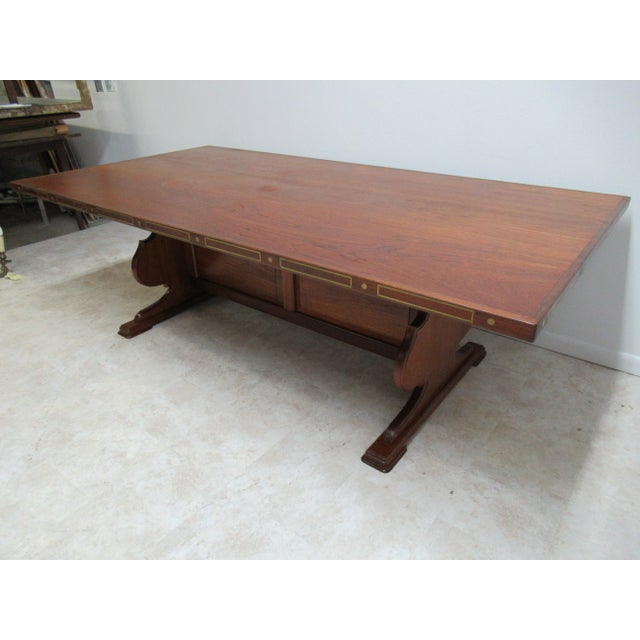 Traditional Vintage Teak Mid Century Dining Room Conference Table Custom Brass Inlay For Sale - Image 3 of 13