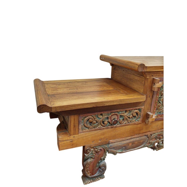 Large Mid-Century Balinese Hand-Carved Teak Sideboard - Hi-Lo Altar Cabinet For Sale - Image 12 of 18