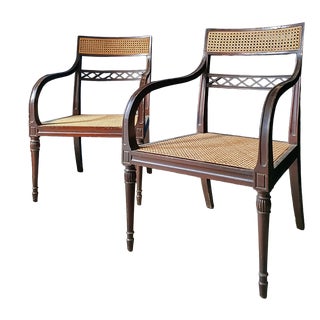 Regency Mahogany and Cane Armchairs, England, 19th Century, Set of 2 For Sale