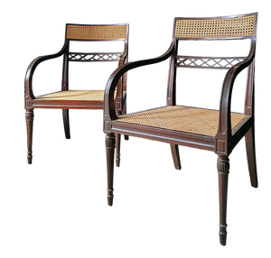Regency Mahogany and Cane Armchairs, England, 19th Century, Set of 2