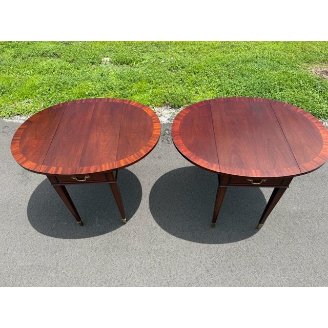 Brass Hepplewhite Vintage Mahogany Drop-Leaf "Pembroke" Side Tables Manufactured by Lineage/Drexel Heritage For Sale - Image 8 of 12