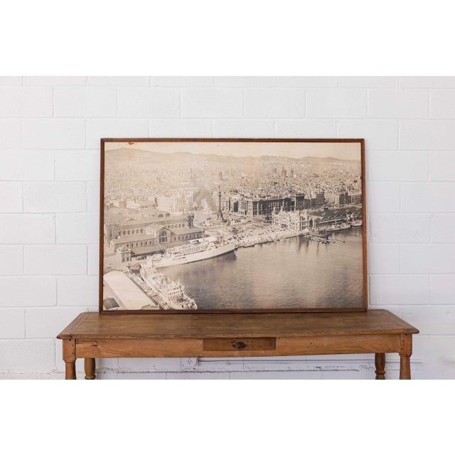 Vintage 1940's Spanish black and white photograph, Port of Barcelona. Solid wood frame, and the photograph is mounted on...