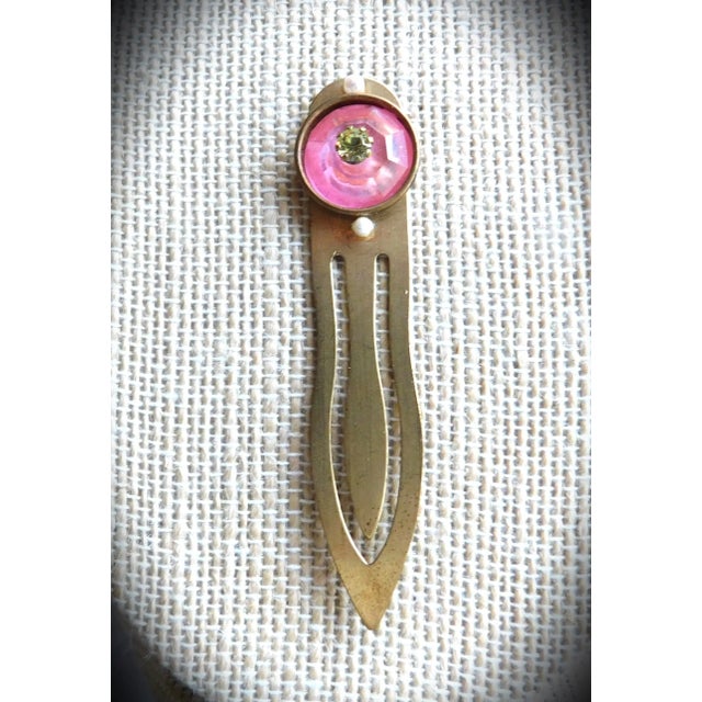 Vintage Art Deco Style Gold Bookmark with a pretty pink faceted round stone in bezel, and cream seed pearls top and...