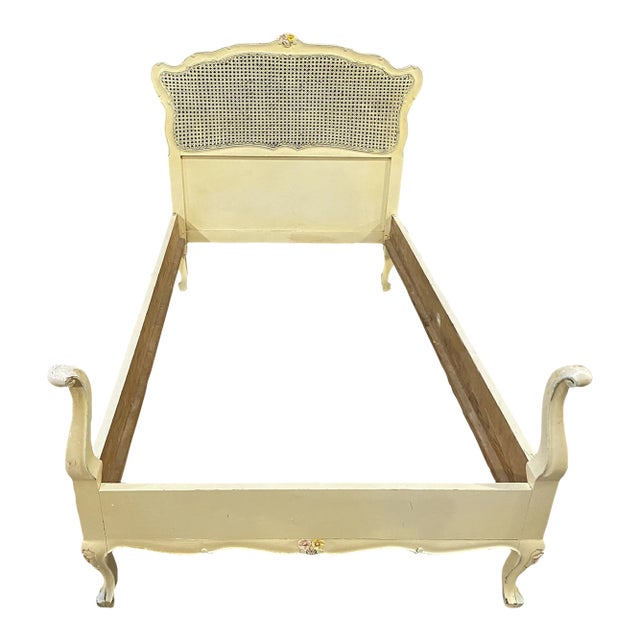 Antique Vintage French Country Style Wood Carved Cane Twin Bed Frame