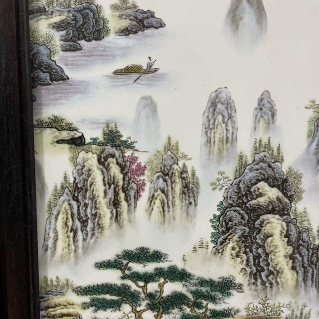 Wood Large Vintage Hardwood Table Screen, Painted Porcelain Jiangnan Scene For Sale - Image 7 of 10