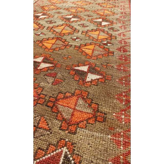Mid 20th Century Antique Turkish Tribal Runner in Diamond Design and Geometrics in Green, Rust For Sale - Image 5 of 7