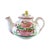 An antique, French faience teapot, hand-painted with a rooster and a basket of flowers, with an apple lid handle, and red...