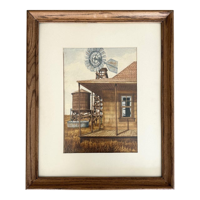 Original Sidney Kittinger Watercolor Painting Rural Homestead With Windmill – Framed For Sale