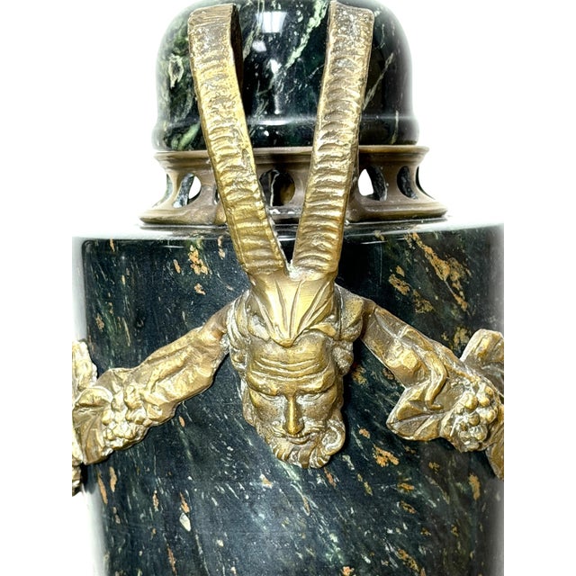 Pair of Green Marble and Ormolu Urns or Cassolettes With Satyr Heads in Louis XVI Style For Sale - Image 12 of 15