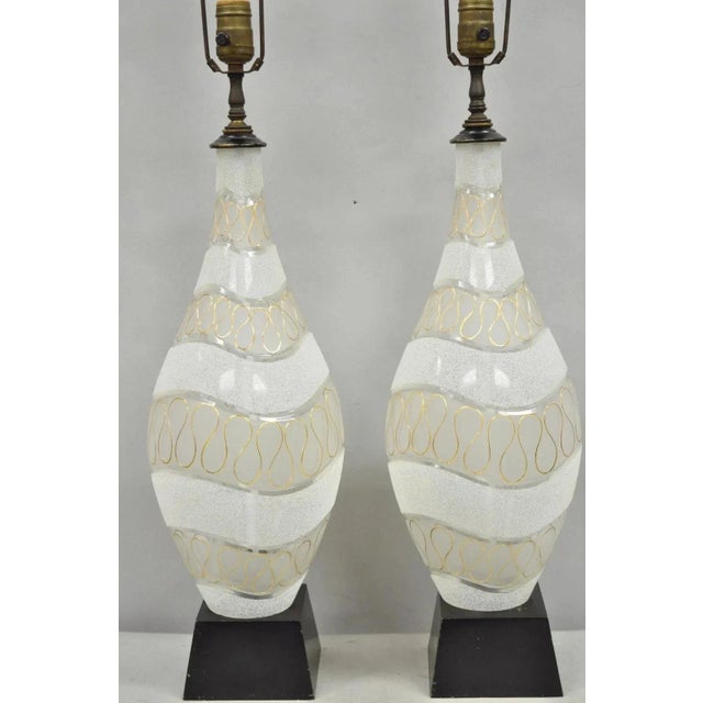 Mid-Century Modern Vintage Mid Century Modern Sculpted Frosted Glass Gold Wavy Table Lamps - A Pair For Sale - Image 3 of 11
