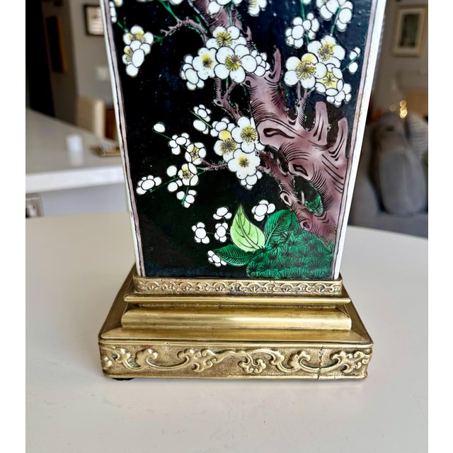 Antique Chinese Famille Noire Porcelain Square Vase Table Lamp For Sale - Image 10 of 15