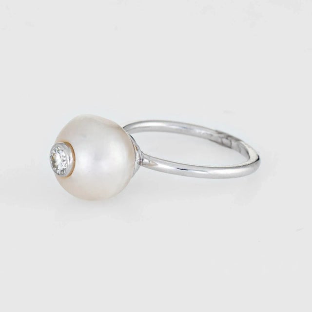 Vintage Diamond Set in Cultured Pearl Ring 14 Karat White Gold Stacking Jewellery size 5 For Sale - Image 4 of 6