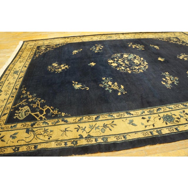 Gorgeous Navy Background Color and Beige Border With Floral-Medallion Design Antique Chinese Peking Rug For Sale In New York - Image 6 of 9