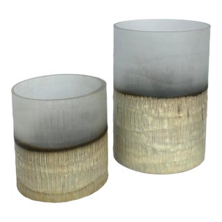 Modern Gray and Tan Chiseled Glass Vases Set of 2 For Sale