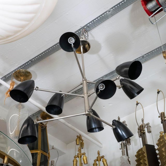 Nickel sputnik style chandelier with black enameled metal bullet shades.