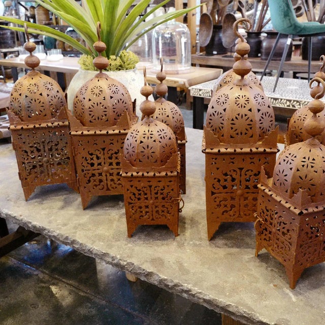 Traditional vintage iron work Moroccan Kasbah lantern with rusted finish and beautiful hand cut floral and triangular...